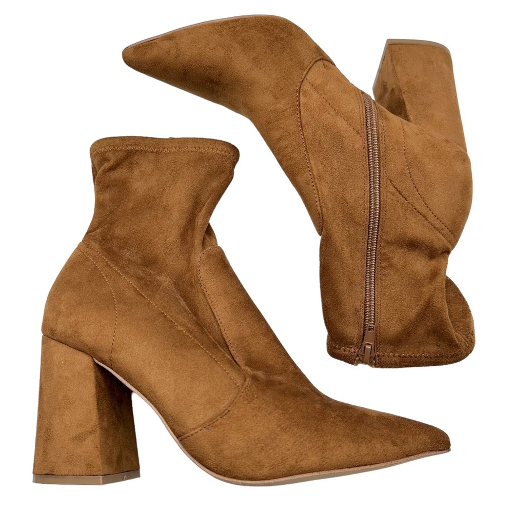 Steve Madden Hayes Point Toe Faux Suede Block Heel Stretchy Ankle Bootie Cognac - Picture 3 of 12